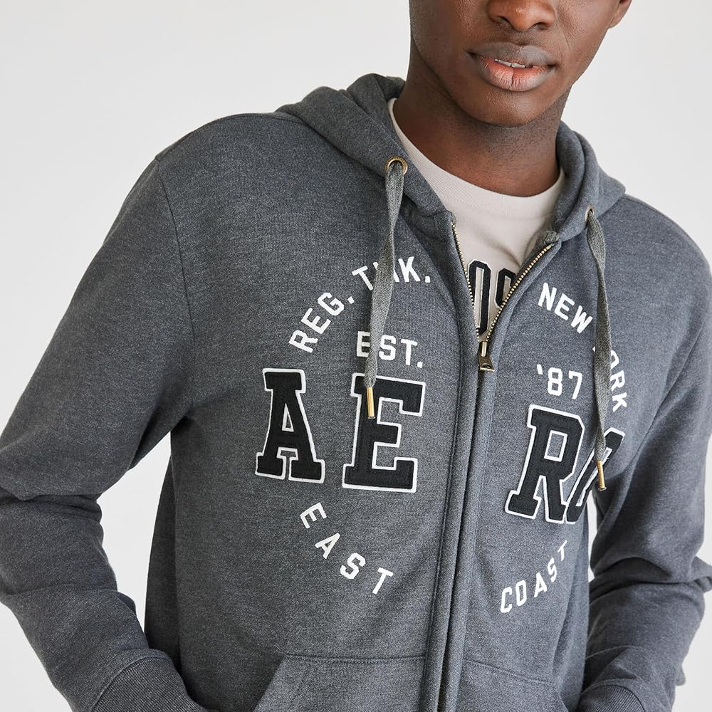 AEROPOSTALE Men's Aero Logo Full Zip Hoodie-Circle, Charcoal